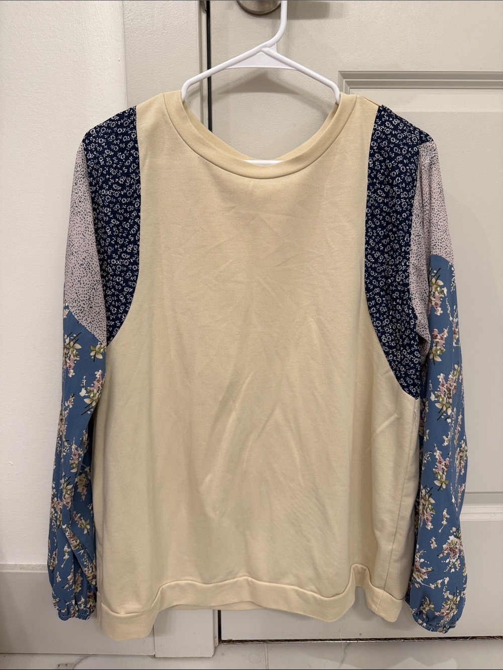 Roolee Cream Pullover with Mixed Blue Floral Patchwork Sleeves